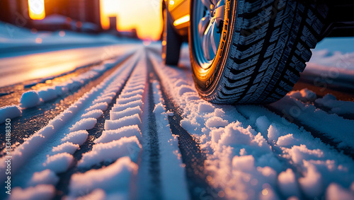 Close-up of a car tire on a snowy road at sunrise, with deep snow treads and winter conditions, highlighting vehicle safety, traction, and rugged performance in cold weather.