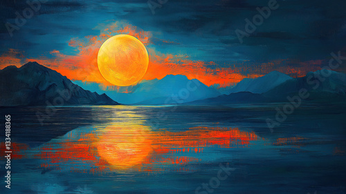 Serene and mystical full moon at night with an artistic abstract background of swirling colors