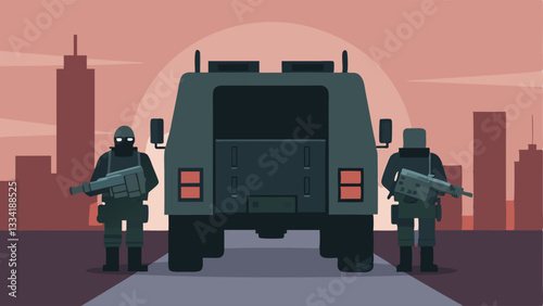 Rear View Deployment A rear view of the armored vehicle with the back doors open revealing two SWAT team members climbing out guns drawn against a cityscape background.
