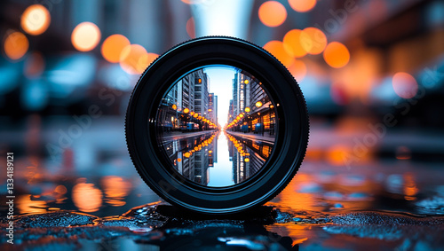 Close-up of a DSLR camera lens on a wet street reflecting a cityscape, with a blurred bokeh background and warm cinematic lighting, creating an artistic and photography-inspired composition.