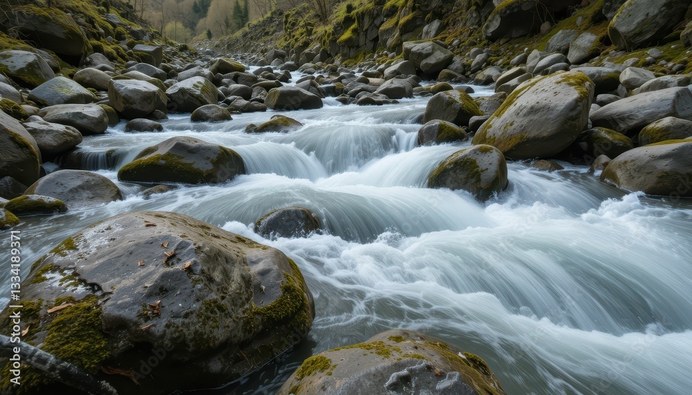 Serene Flow of Water Over Rocks in Mountain Stream Landscape Serene Flow of Water Over Rocks in Mountain Stream Landscape