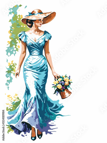 vintage woman with flower basket, decorative vector ornament with white area for insert