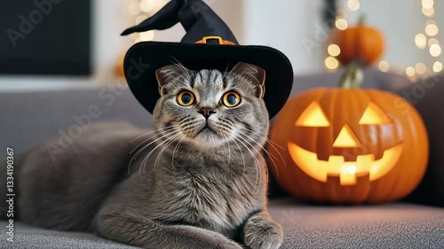 Adorable gray cat wearing a witch hat reclining comfortably on a gray couch with a carved Halloween pumpkin and other autumn in the background creating a festive and spooky atmosphere 
