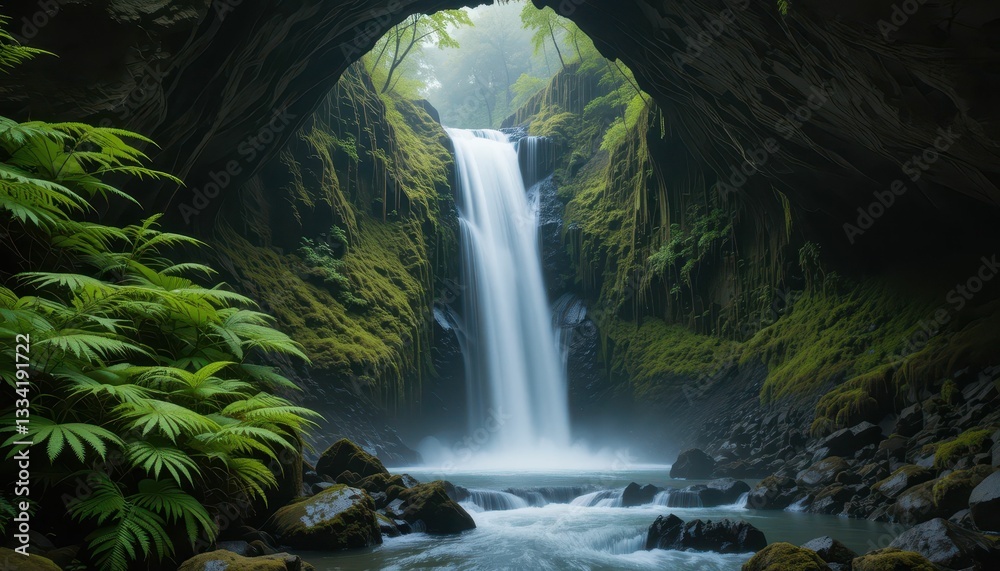 Fototapeta premium Serene Waterfall Cascading Through Lush Green Cave Interior