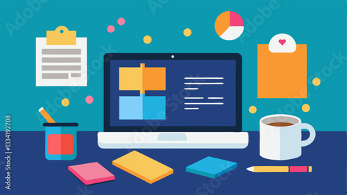 Editing Workspace A cozy home office with a laptop open to a video editing software interface surrounded by colorful sticky notes and a coffee cup conveying creativity.