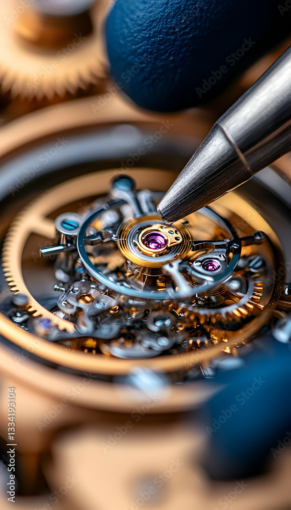 Fototapeta premium Close-up of gloved hands meticulously repairing intricate clockwork