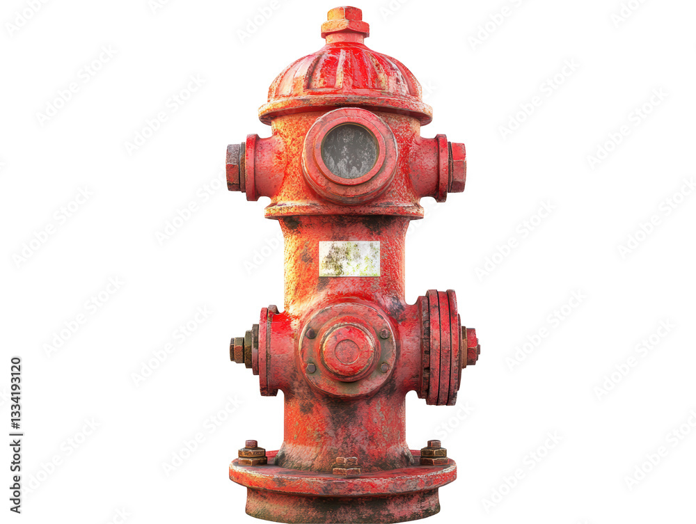 Isolated Retro Red Fire Hydrant with Rustic Surface and Detailed Nozzles Isolated Retro Red Fire Hydrant with Rustic Surface and Detailed Nozzles