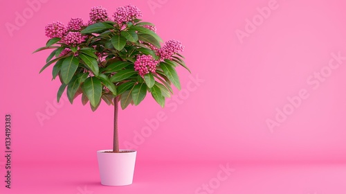Pink Low Poly Flower Plant in White Pot Against Solid Pink Background