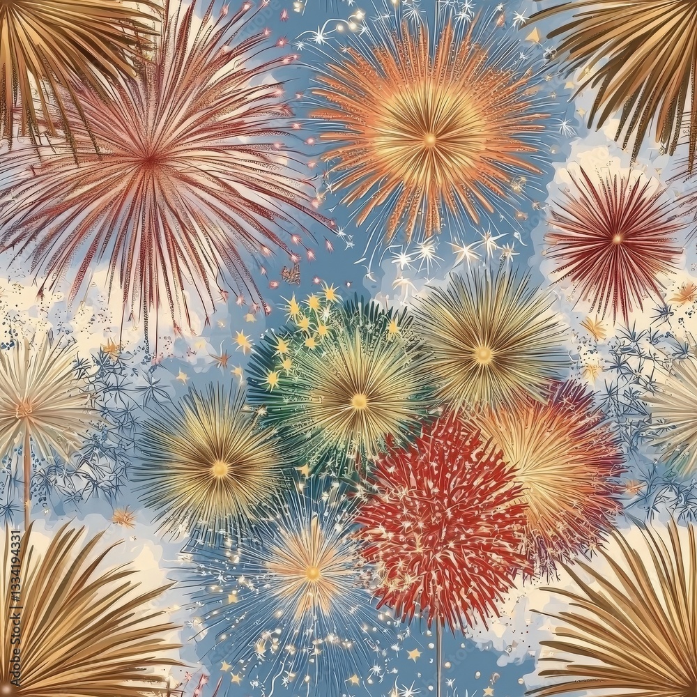Captivating fireworks and stars lighting up the night sky for a stunning seamless background pattern wallpaper Captivating fireworks and stars lighting up the night sky for a stunning seamless background pattern wallpaper