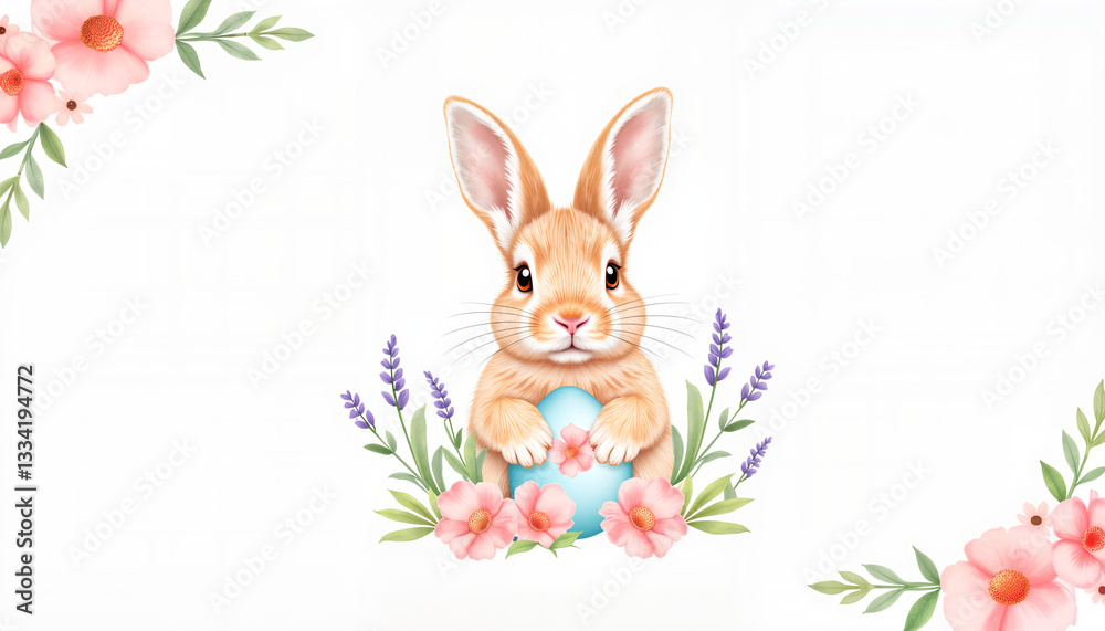 Cute rabbit with blue egg surrounded by flowers and greenery Cute rabbit with blue egg surrounded by flowers and greenery