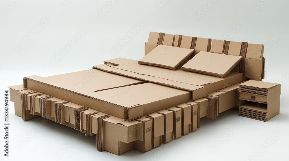 Obraz premium A bedroom setup with a cardboard bed frame and matching nightstands.