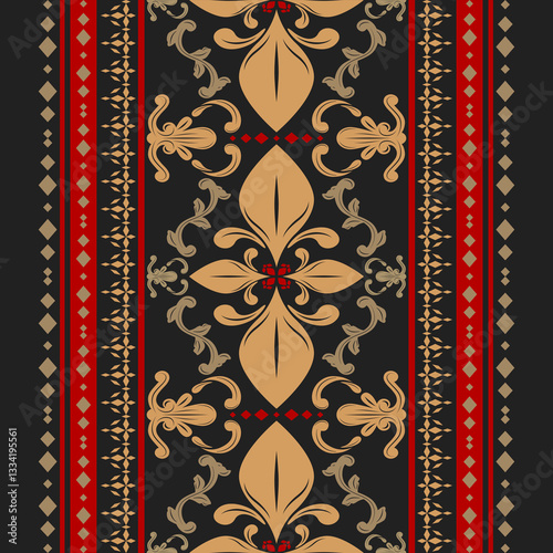 Artistic Fine Art Scroll Ornament Baroque Border Golden Petal and Geometric Element Medieval Detailed Decoration Deep Red and Gold Silk Weaves Beautiful Embroidery Stripe for Luxury Work Haute Couture