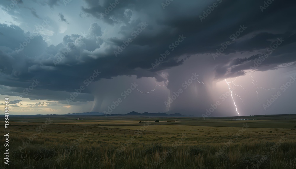 Dramatic Thunderstorm Over Open Field with Lightning Strikes Dramatic Thunderstorm Over Open Field with Lightning Strikes