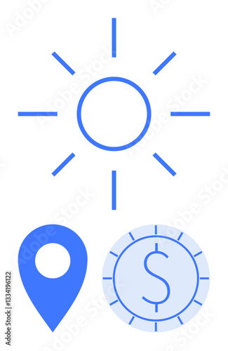 Sun with rays next to a location pin and dollar coin. Ideal for sustainability, renewable energy, global finance, economic growth, climate impact, innovation, and savings. Flat simple metaphor