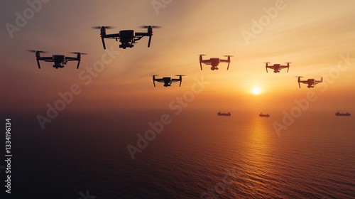 A fleet of drones flying over the ocean at sunset, symbolizing modern technology, surveillance, and military innovation. Security, AI, and futuristic concepts