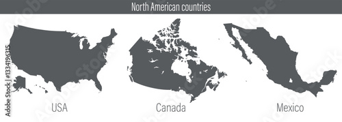 Silhouette vector map set of North American countries USA, Canada, and Mexico
