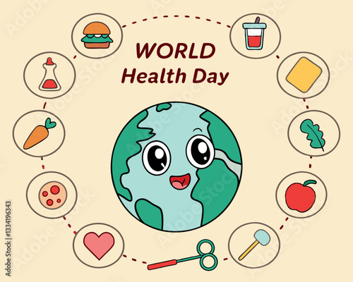 World Health Day Cartoon Earth with Healthy and Unhealthy Food Icons