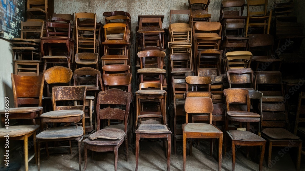 Fototapeta premium A collection of antique wooden chairs stacked against a rustic wall.