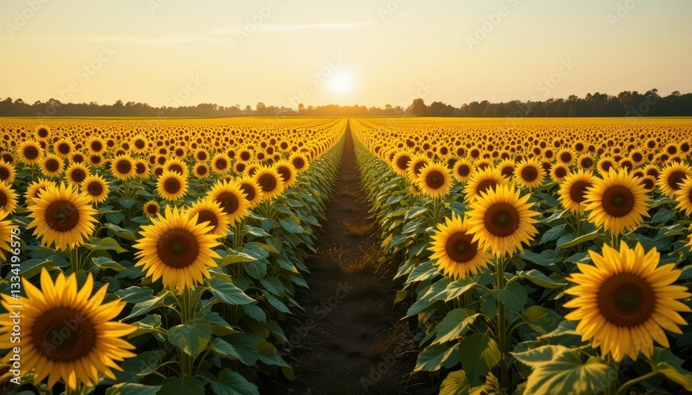 Fototapeta premium Vibrant Sunflower Field at Sunrise with Clear Blue Sky and Sun