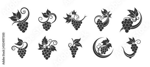 Set of black silhouette grapevine icons with detailed leaves and tendrils, ideal for winery branding, packaging, and decorative art projects.​

