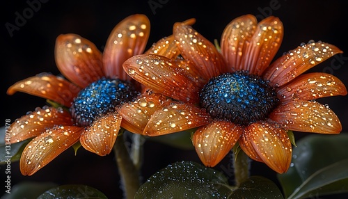 Two beautiful orange flowers adorned with sparkling water droplets