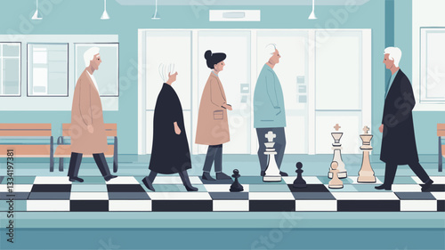 A vector illustration depicting stylized figures of elderly people and adults walking across a giant chessboard. The figures are rendered in a minimalist, flat style with muted pastel colors. The