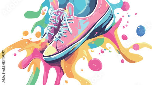 A digital illustration depicting a pair of pink sneakers seemingly suspended above a chaotic arrangement of vibrant, multicolored paint splatters. The style is graphic and stylized, with bold