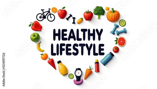 Colorful Heart-Shaped Illustration of Fitness, Nutrition, and Wellness for a Healthy Lifestyle