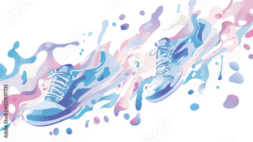 The image is a stylized illustration of a pair of running shoes depicted in motion. The shoes are rendered in shades of pastel blue, pink, and purple, with a painterly, watercolor-like effect.  The