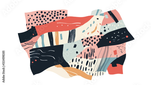 The image is a digital illustration depicting an abstract collage.  It features several irregularly shaped pieces, each filled with different hand-painted textures.  These textures include various