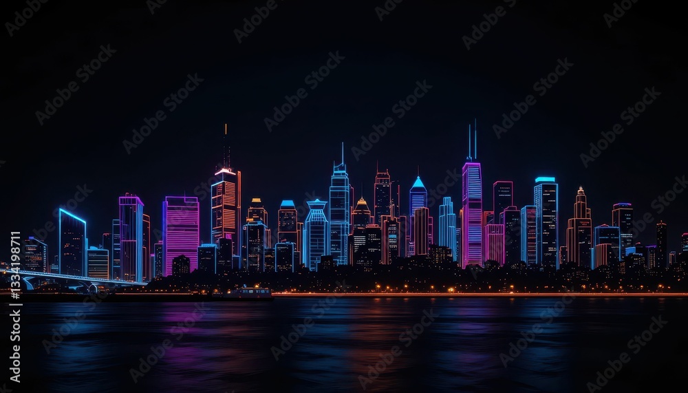 Obraz premium Vibrant City Skyline at Night with Neon Lights and Reflections