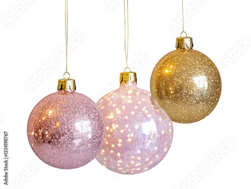 Isolated Trio of Glittery Pink and Gold Christmas Ornaments