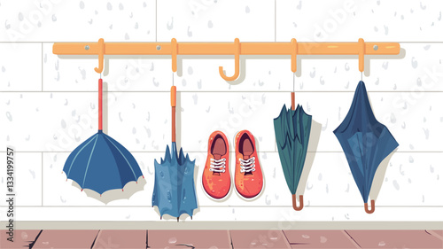 A digital illustration depicting a wooden rod mounted on a white brick wall.  From the rod hang three umbrellas (one dark blue, one light blue, one green) and a pair of orange shoes.  The umbrellas