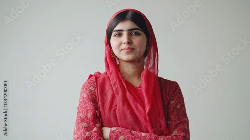 Portrait of Malala Yousafzai, a Pakistani activist for female education, known for her bravery and advocacy for girls' rights.