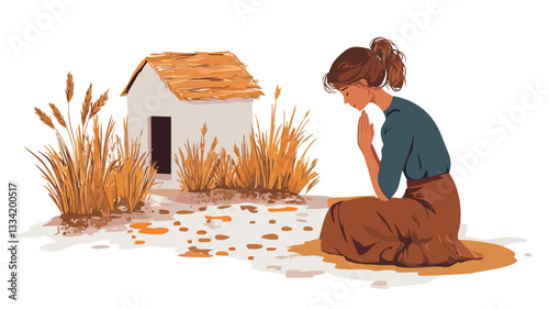Digital illustration depicting a woman with brown hair pulled back in a low ponytail, kneeling on the ground in a field of tall, golden wheat. She is wearing a long-sleeved dark teal blouse and a