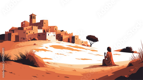 A digital illustration depicting a panoramic view of a small desert village situated on a hill. The village is rendered in warm orange and brown tones, with simple architectural details. A lone