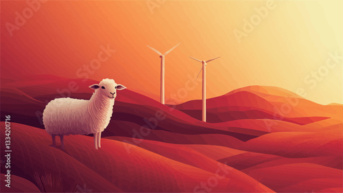 A digital illustration depicting a white sheep standing on a stylized red hillside at sunset.  Two wind turbines are visible in the background against a vibrant orange and red sky. The style is