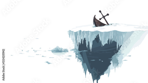 The illustration depicts a minimalist scene of a small, partially submerged shipwreck resting on a large iceberg.  The iceberg is depicted with sharp, angular edges and icicles hanging from its