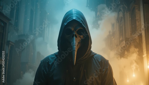 Mysterious figure in hooded cloak with plague doctor mask in fog