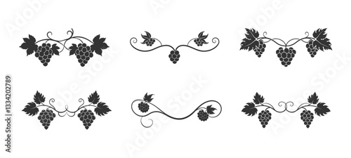 Stylized grapevine icons set in black silhouette with decorative leaves and tendrils, ideal for creating elegant wine-themed designs and logos.

