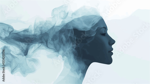 The image is a stylized portrait of a woman's profile, rendered as a silhouette in shades of blue and gray.  The silhouette is partially obscured and blended with swirling, smoky textures,