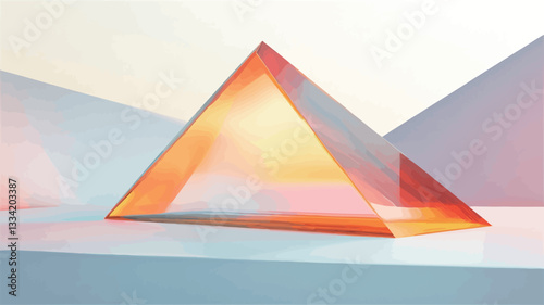 Close-up shot of a translucent, three-dimensional pyramid. The pyramid exhibits a color gradient, primarily ranging from pale orange to soft pink and light blue, with internal illumination creating