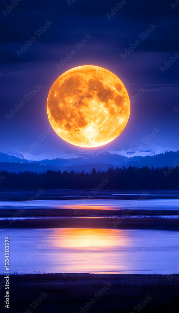 Fototapeta premium Giant orange moon rising over a calm lake and mountains at night