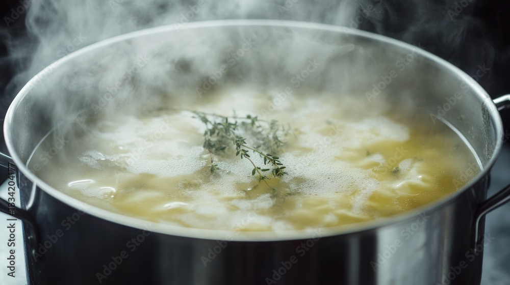 Aromatic Pasta Simmering in a Stainless Steel Pot Aromatic Pasta Simmering in a Stainless Steel Pot