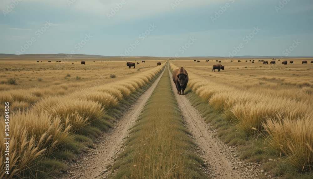 Fototapeta premium Bison Walking on Dirt Road Through Tall Grassland in Open Landscape