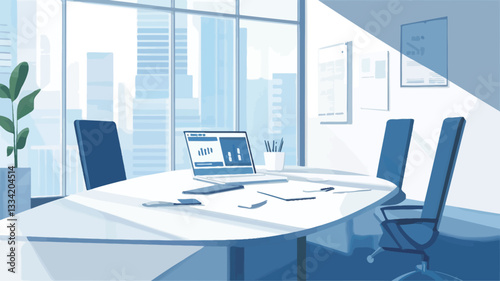 The image depicts a modern, minimalist office meeting room. The room features a large, oval-shaped white table with two black office chairs on either side. A laptop displaying a chart is open on