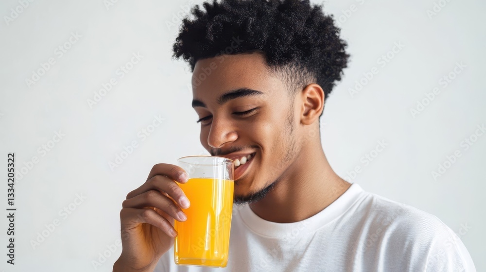 Smiling young man drinking a glass of orange juice beverage Smiling young man drinking a glass of orange juice beverage