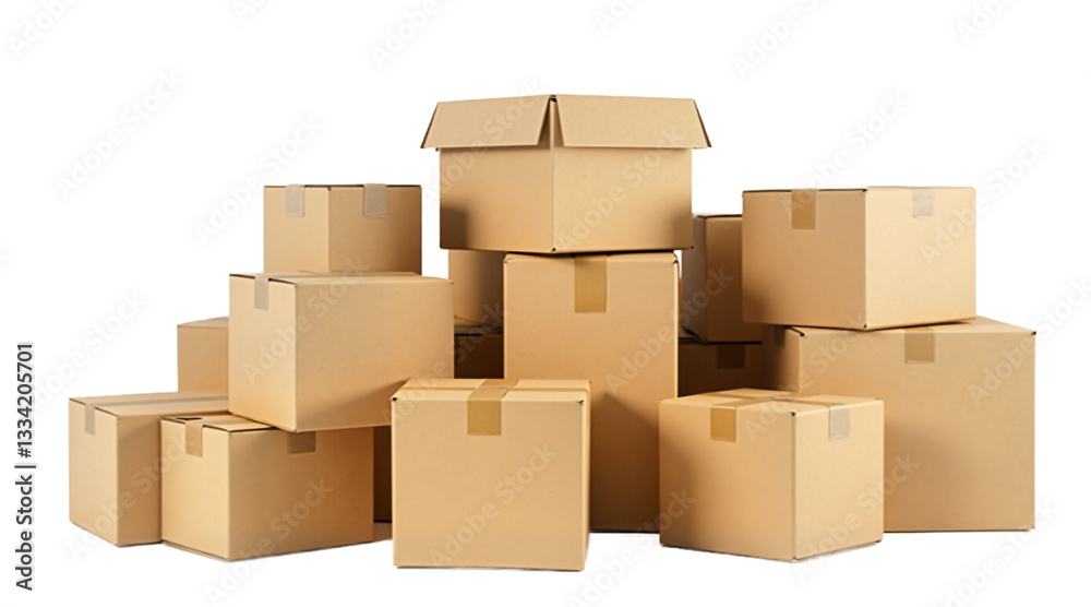 Cardboard boxes stack isolated on transparent background. Beige tan packaging for shipping, moving, storage. Organized chaos. Studio shot. Cardboard boxes stack isolated on transparent background. Beige tan packaging for shipping, moving, storage. Organized chaos. Studio shot.