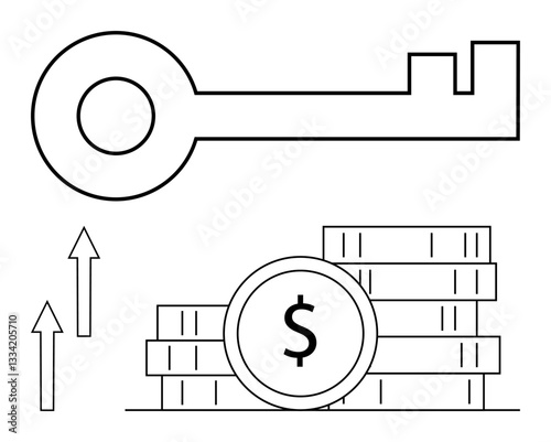 Key above stacks of coins with a dollar sign, growth arrows pointing upward. Ideal for finance, investment, growth, wealth, business success, entrepreneurship, economy flat simple metaphor