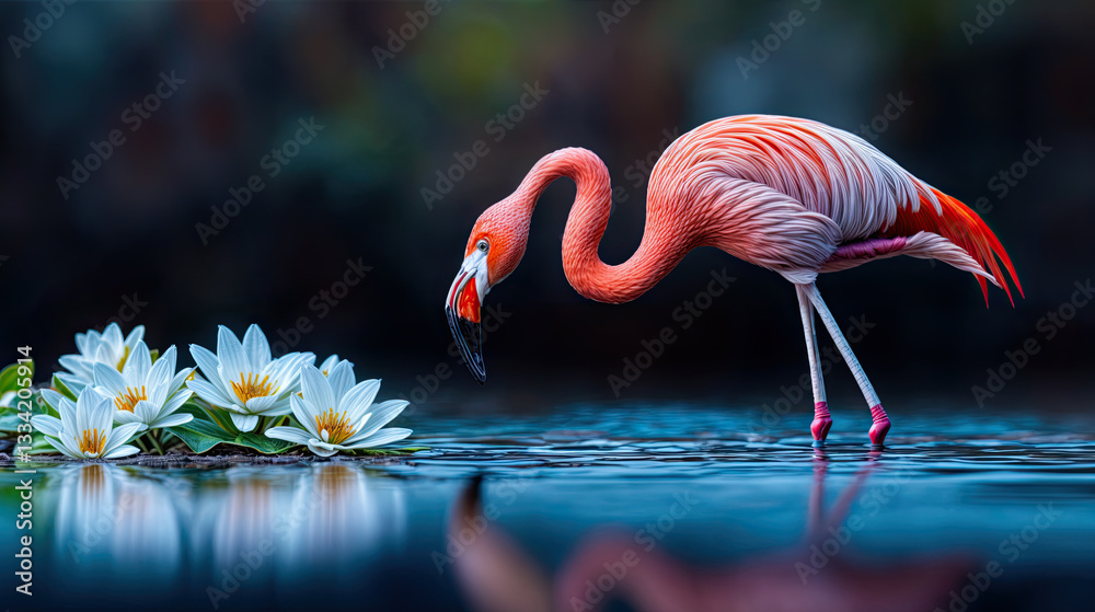 A vibrant flamingo, its plumage a striking coral pink, delicately probes the water's surface for sustenance amidst a bed of pristine white water lilies.